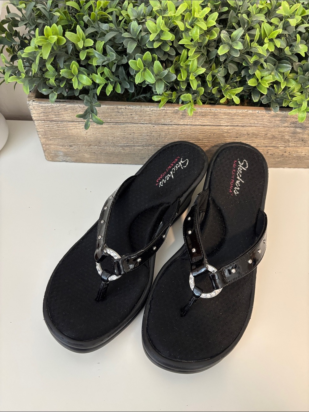 Skechers Black Embellished Toe-Post Sandals